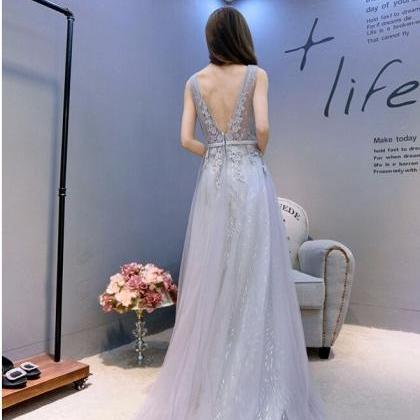 Pleated V-neck Cap Sleeve A-Line Sweep Train Dress Champagne