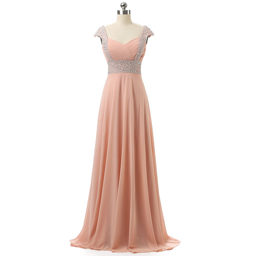2016 In Stock Real Picture Beading Pleat Prom Dress A-line Chiffon Lace-up Cap Sleeves Bridesmaid Dress